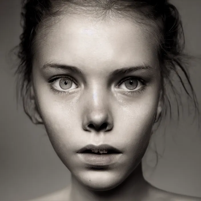 Image similar to dramatic photographic Close-up face of a extremely beautiful girl with clear eyes and light brown hair , high light on the left, non-illuminated backdrop, illuminated by a dramatic light, Low key lighting, light dark, High constrast, dramatic , Steve Mccurry, Lee Jeffries , Norman Rockwell, Craig Mulins ,dark background, high quality, photo-realistic, 8K,