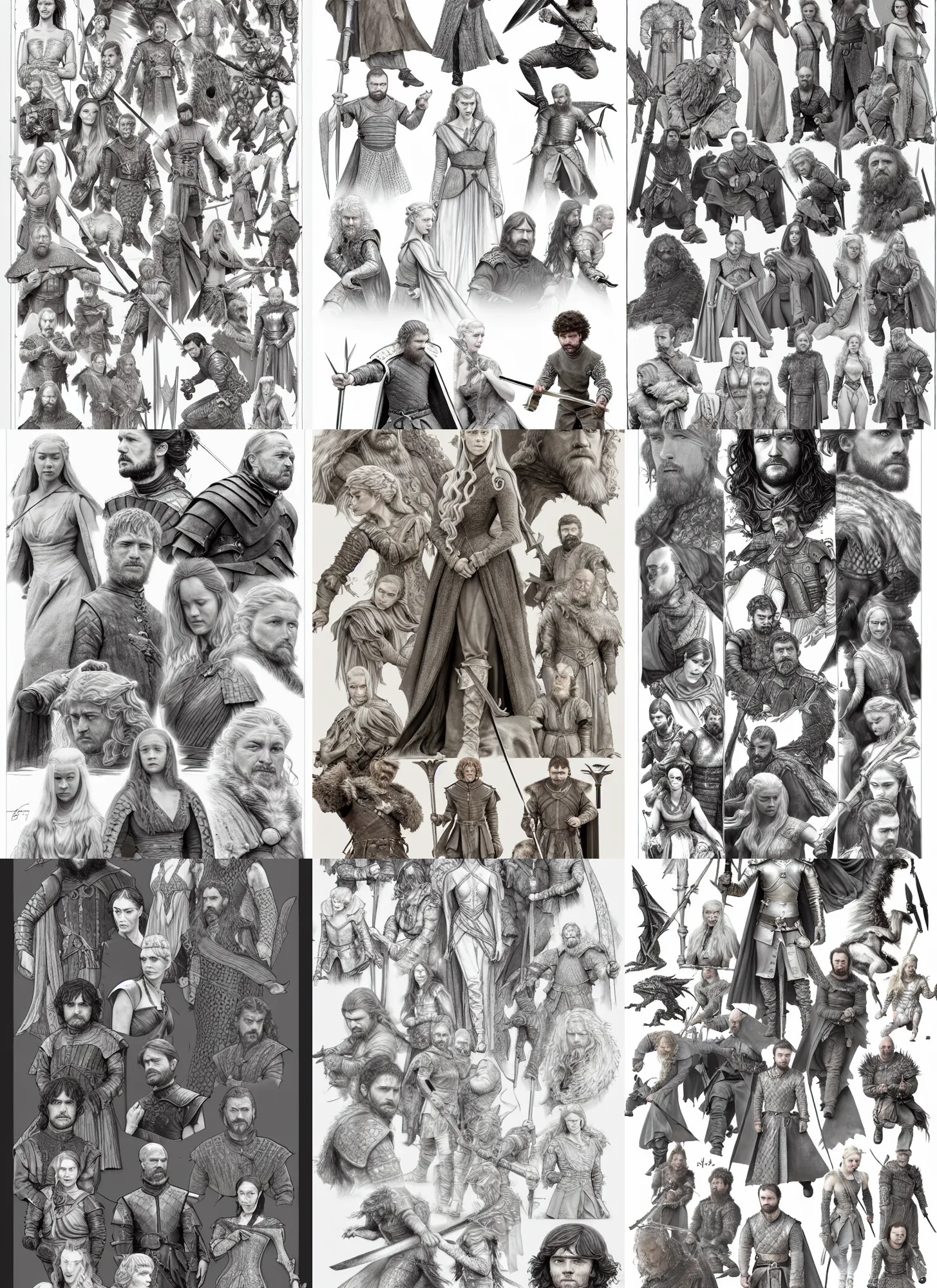 Prompt: detailed pencil spot illustrations of various game of thrones characters, various poses, by burne hogarth, by bridgeman, by anthony ryder, by mucha, cgsociety, artstation.