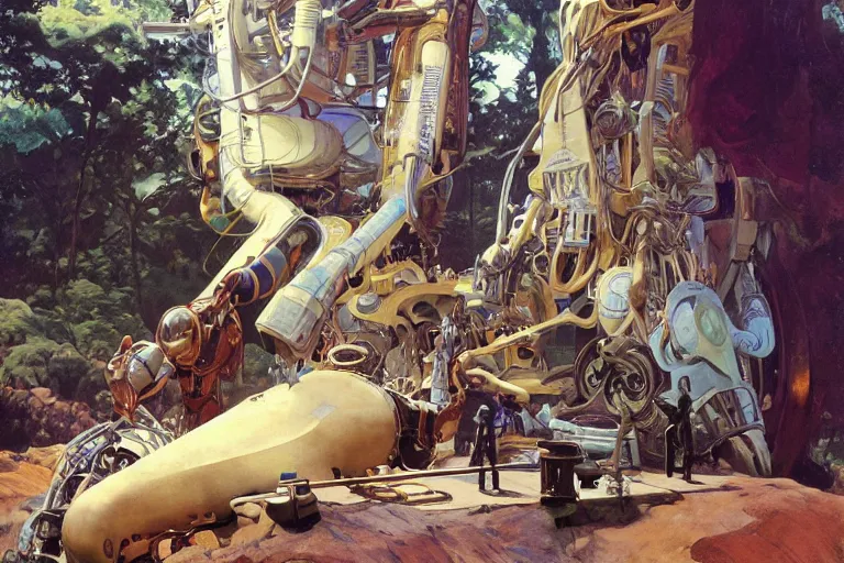 Image similar to natural landscape | robot repairing another robot, painting by syd mead and weta studio, alphonso mucha, james jean, frank frazetta, highly detailed, rule of third, soft lighting, 8 k resolution, oil on canvas, architectural magazine, beautiful detailed, insanely intricate details, artstation trending, hypermaximalistic, high details, cinematic