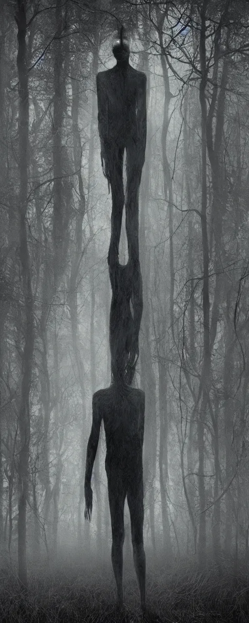 Prompt: a creepy portrait of slenderman. forest. night. character design by miles johnston, stephen gammell, gustave dore and zdzisław beksinski. volumetric light, detailed, rendered in octane