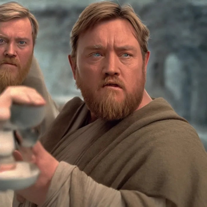 Image similar to obi wan kenobi but obese!! and overweight, photoralistic rendering, movie still, screenshot, hyperdetailed