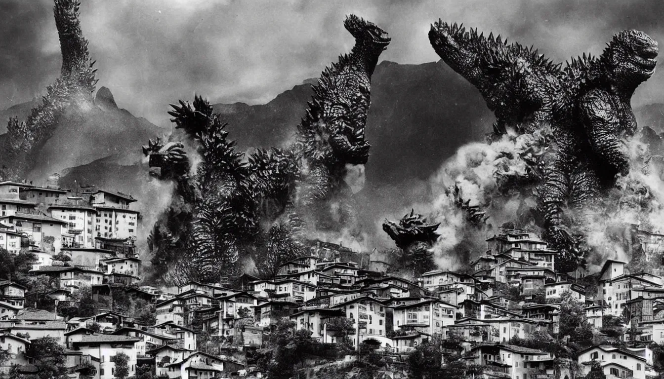 Image similar to godzilla destroying an italian town in the dolomites mountains