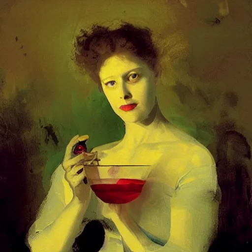 Image similar to portrait of a mysterious woman holding a martini, by Ilya Repin and Dave McKean