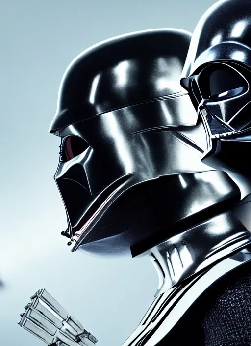 Image similar to Film poster the Darth Vader VS Robocop , faces look at each other, detailed and realistic, 4k, filmic render