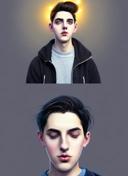 Image similar to portrait of teenage jughead jones wearing a light grey crown, photorealistic, crown, eyes closed, crown, black hair, intricate, elegant, glowing lights, highly detailed, digital painting, artstation, concept art, smooth, sharp focus, illustration, art by wlop, mars ravelo and greg rutkowski