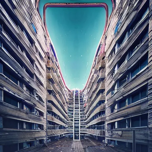 Image similar to “derelict architecture housing neighborhood , housing designed by architect Santiago Calatrava, architecture digest, building surrounded in a neo environment, neon tones, fluorescent lighting,volumetric Lighting, photorealism, high detail, golden ratio, cinematic, octane renderer”