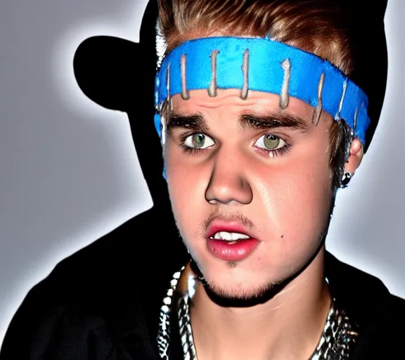 Image similar to color still shot of justin bieber lead singer performing in music group insane clown posse, face closeup