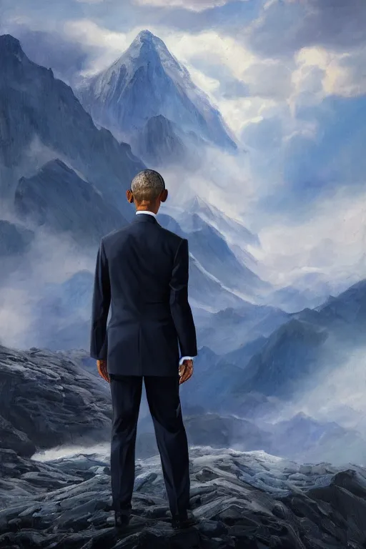 Image similar to obama standing next to a mountain made of papers, oil on canvas, intricate, portrait, 8 k, detailed, hdr, cgsociety