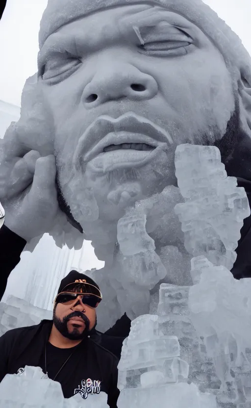 Image similar to dramatic photo, the rapper'ice cube'carving a full body ice sculpture of rapper'ice cube'at harbin ice festival, wide angle photo, award winning, artgerm, wlop, james gurney, trending on artstation