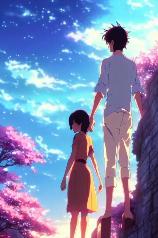 Image similar to fantasy romance movie poster by makoto shinkai, visually stunning, beautiful lighting