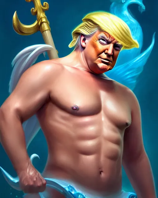 Image similar to character concept art of donald trump as poseidon | cute - fine face, pretty face, realistic shaded perfect face, fine details by stanley artgerm lau, wlop, rossdraws, james jean, andrei riabovitchev, marc simonetti, and sakimichan, tranding on artstation