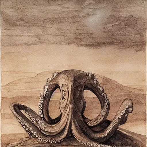 Prompt: Megaliths form the image of an octopus. View from above, 50 meters from the ground. It is evening. The mood of the picture is dark and menacing. Watercolor. By Leonardo da Vinci.