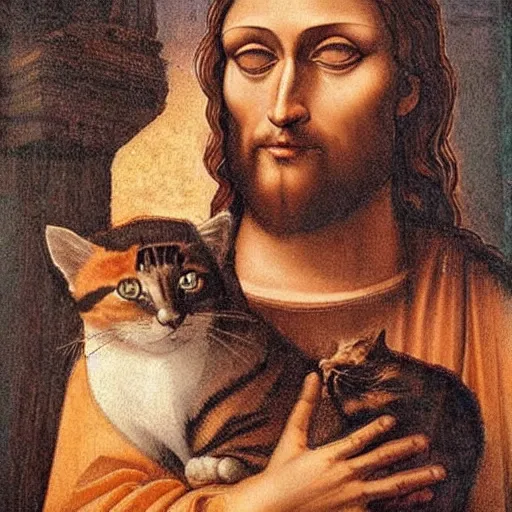Prompt: jesus holding a cute cat, big eyes, symetrical faces, emotional, cute, powerful, by leonardo da vinci
