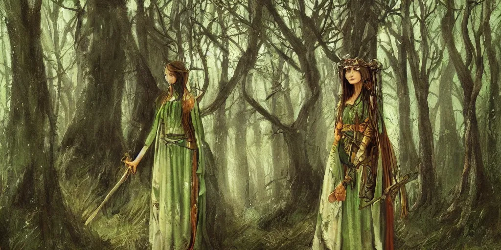 Prompt: medieval forest shaman female alone in the forest, wicca symbols dnd, green patterned clothes with stitched magical symbols, by bayard wu