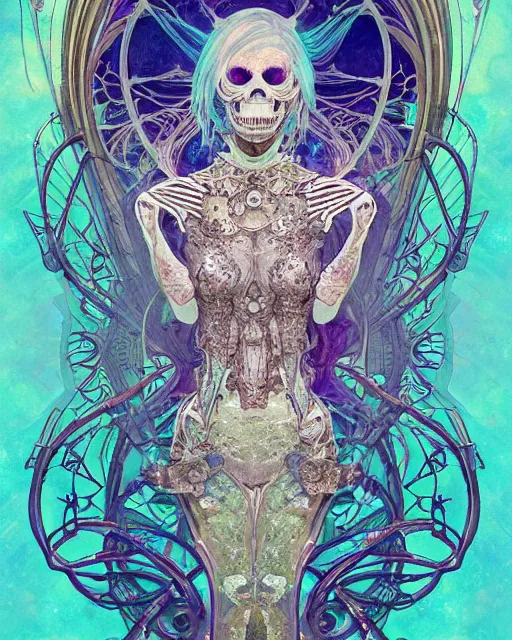 Image similar to glitch art bionic skeleton ghost, glitches, vaporwave, highly detailed, very intricate, art nouveau, filigree, romantic storybook fantasy, harsh lighting, award - winning, disney concept art watercolor illustration by mandy jurgens and alphonse mucha and alena aenami, glitch color palette, featured on artstation