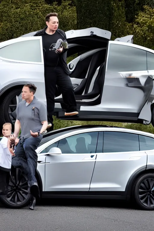 Image similar to Elon Musk as a Simpson's character in a Tesla Model X, pulling out of driveway