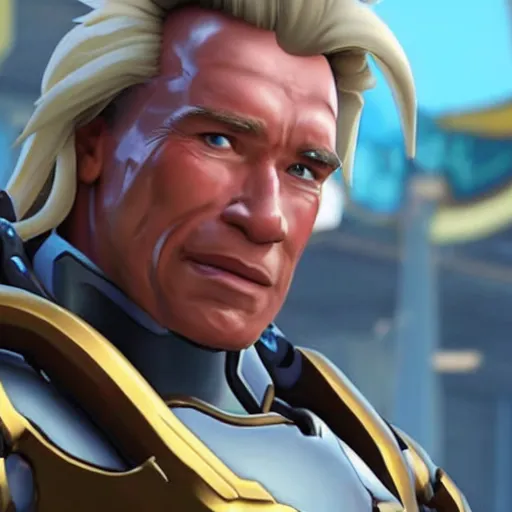 Image similar to a screenshot of arnold schwarzenegger as mercy in overwatch