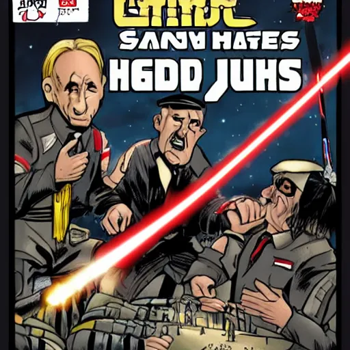 Image similar to comic book of angry jews with lightsabers and adolf hitler accurate eyes high detail