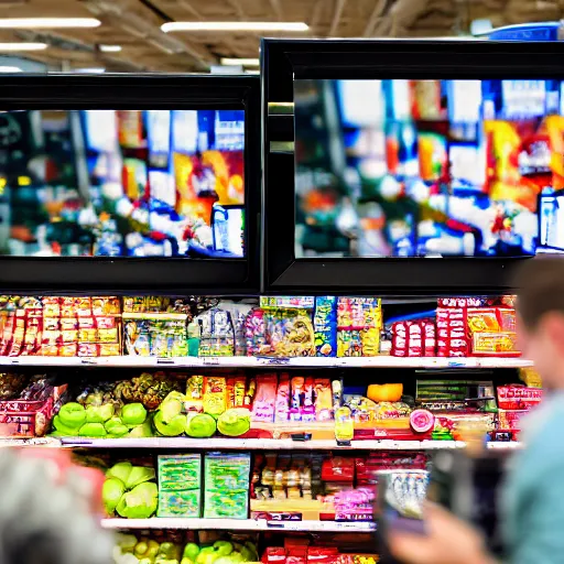 Image similar to grocery store checkout lane combined with television for people to watch. photography. 4 k. realistic.