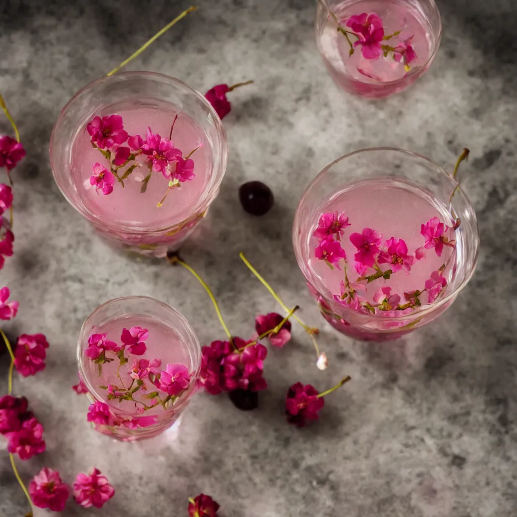 Prompt: photo of sakura cherry blossom tea in a clear glass, beautiful, high detail, recipe, cinematic