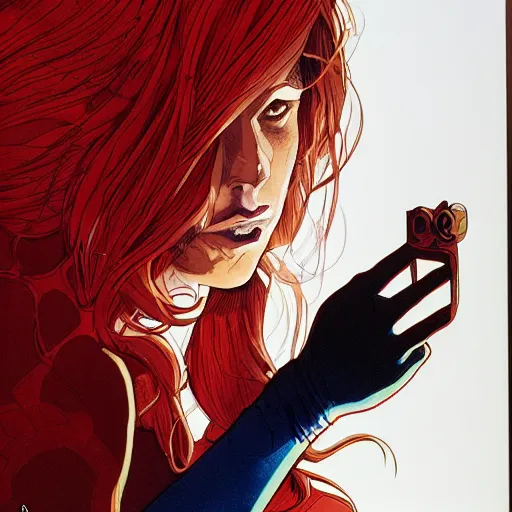 Prompt: a beautiful comic book illustration of a red headed woman with shirt and jeans looking through a glass panel by Jerome Opeña, featured on artstation