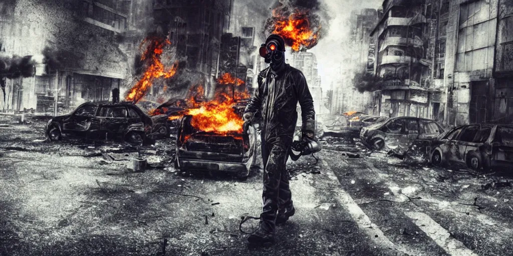 Prompt: post - apocalyptic city streets, close - up shot of an anarchist with a gasmask, burning cars, explosions, hyperrealistic, gritty, damaged, dark, urban photography, photorealistic, high details