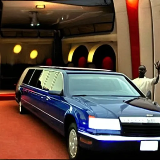 Image similar to barack obama on pimp my ride sitting in his newly upgraded presidential limo complete with a playstation 2, and a minibar. there are also neon lights in the interior.