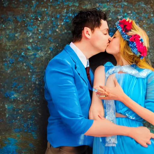 Prompt: the metaphysical holy marriage glue, couple kissing with bright blue glue