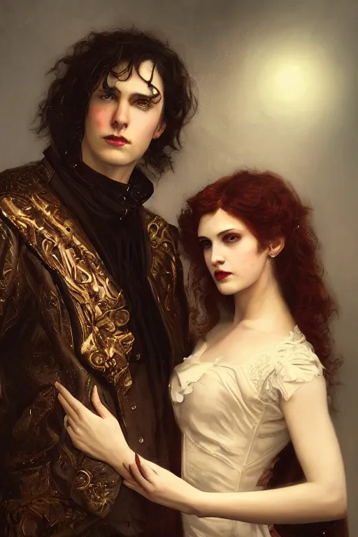 Image similar to a portrait of handsome young male rock star Satan and his elegant beautiful witch wife, bored, illustration, dramatic lighting, soft details, painting oil on canvas, art nouveau, octane render, HDR, 4k, 8k, HD, by Edmund Blair Leighton, Brom, Charlie Bowater, trending on artstation, faces by Tom Bagshaw, Sargent