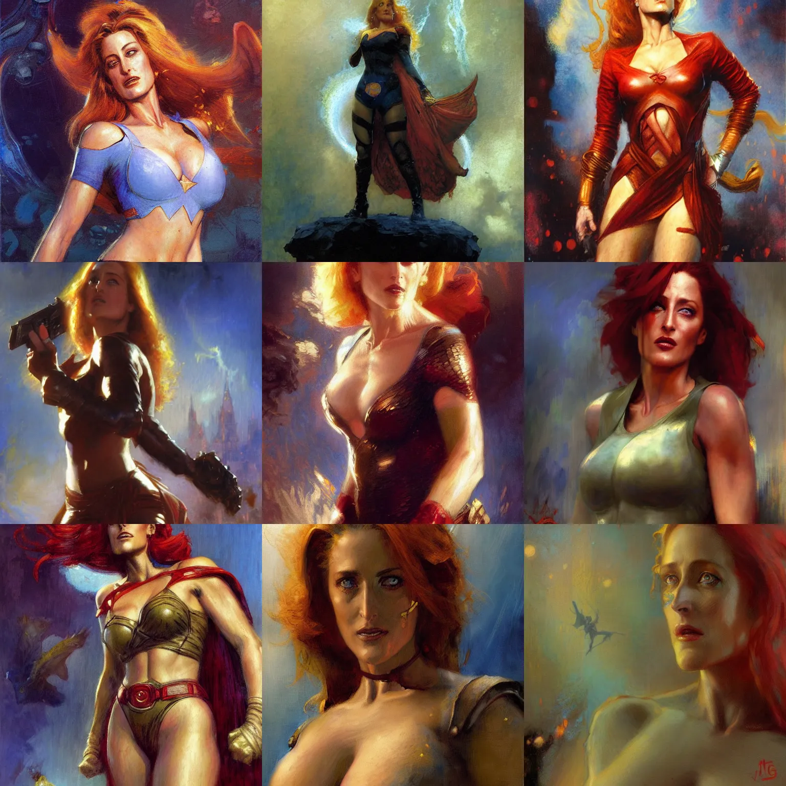 Prompt: Leonardo Gillian Anderson superheroine, by gaston bussiere, craig mullins, Simon Bisley