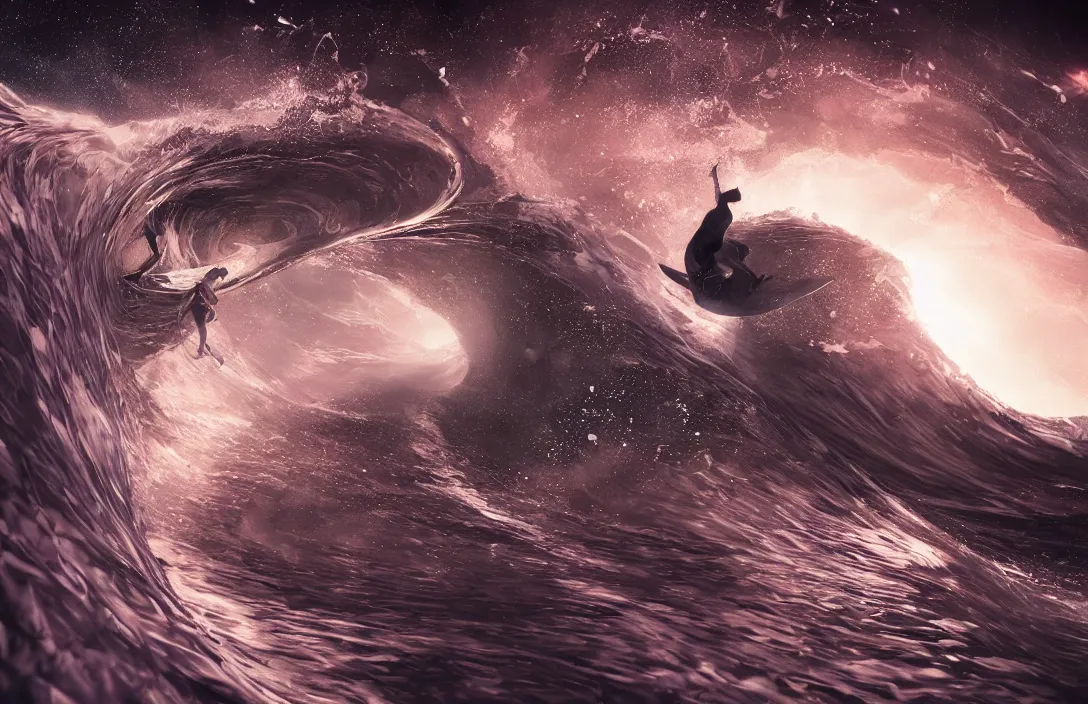 Image similar to surfing the rifts of spacetime by ben wanat ; cosmic, insane details, photography, unreal engine ;