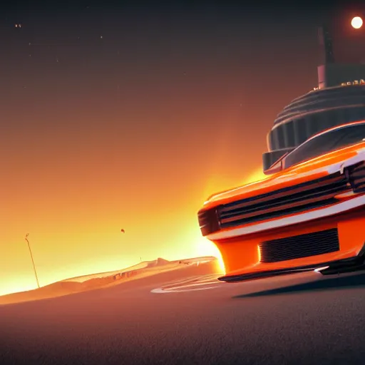 Prompt: a car is flying in front of a bright orange sun, a raytraced image by Mārtiņš Krūmiņš, featured on cg society, space art, outrun, #screenshotsaturday, octane render