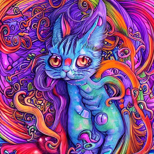 Prompt: autistic bisexual cat seahorse shapeshifter, long auburn hair attractive humanoid, weirdcore voidpunk fursona, detailed coherent painterly complete character design, digital art by wlop, louis wain, lisa frank, furaffinity, cgsociety, trending on deviantart