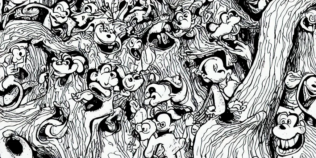 Prompt: smurfs and long whitr bones black and white, line art, pen & ink drawing