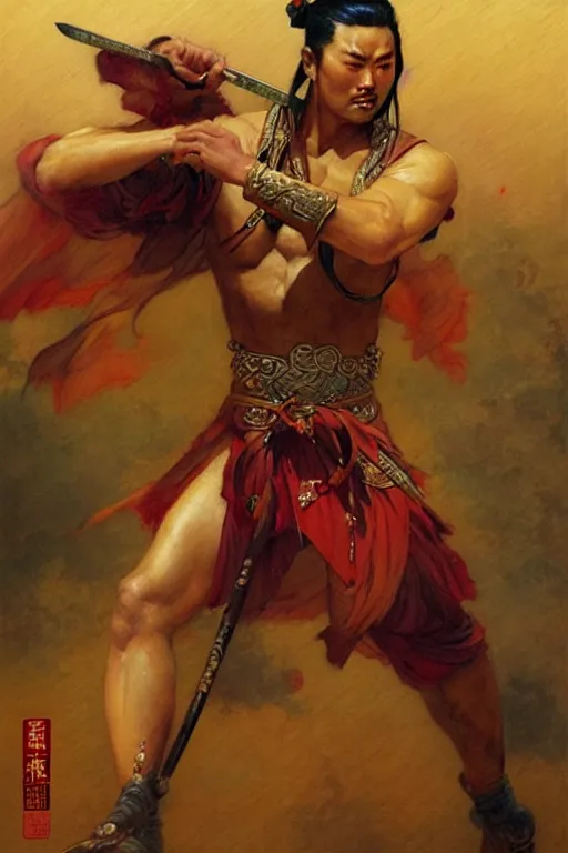 Image similar to wuxia, beefy male, character design, ancient china, colorful, painting by gaston bussiere, craig mullins, j. c. leyendecker, tom of finland