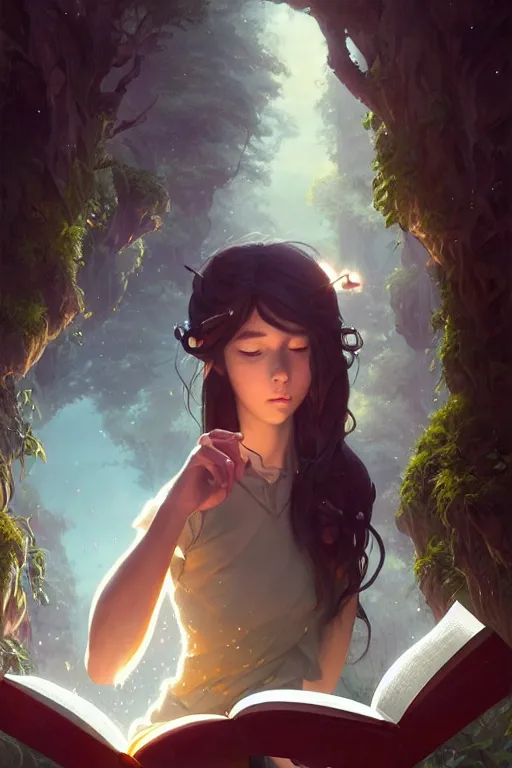 Image similar to highly detailed portrait of beautiful girl reading a book in avatar, dynamic pose, stephen bliss, unreal engine, fantasy art by greg rutkowski, loish, rhads, ferdinand knab, makoto shinkai and lois van baarle, ilya kuvshinov, rossdraws, tom bagshaw, global illumination, radiant light, detailed and intricate environment