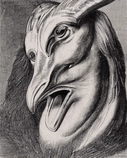 Image similar to human / eagle / lion / ox hybrid with two horns, one big beak, mane, human body. drawn by francis bacon