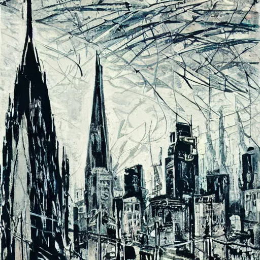 Image similar to A beautiful print of a cityscape with tall spires and delicate bridges. grey by Jackson Pollock angular