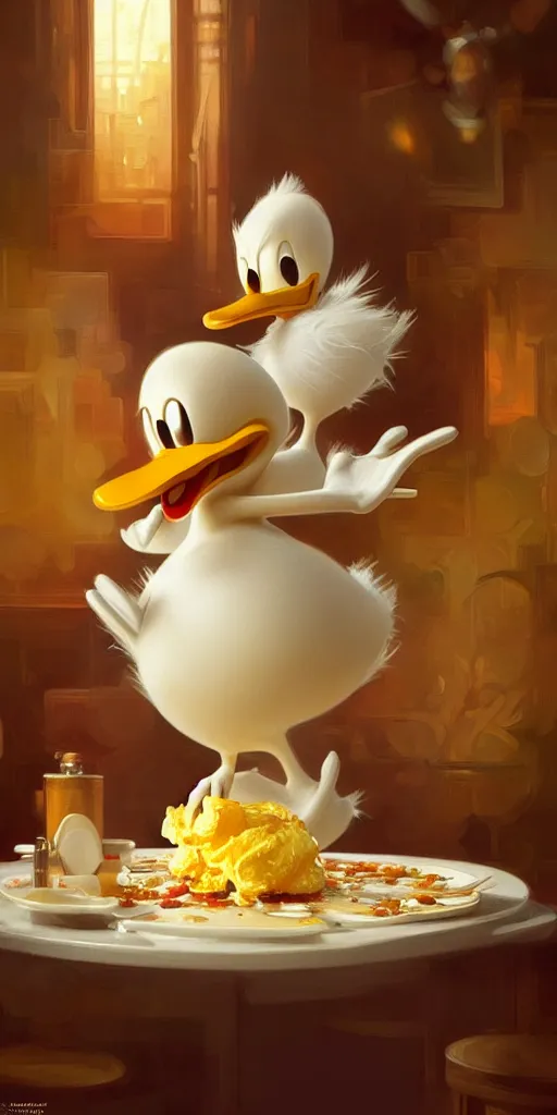 Image similar to realistic photography of a terrified donald duck eating scrambled eggs, deep focus, intricate, elegant, highly detailed, digital painting, artstation, concept art, matte, sharp focus, illustration, art by artgerm and greg rutkowski and alphonse mucha