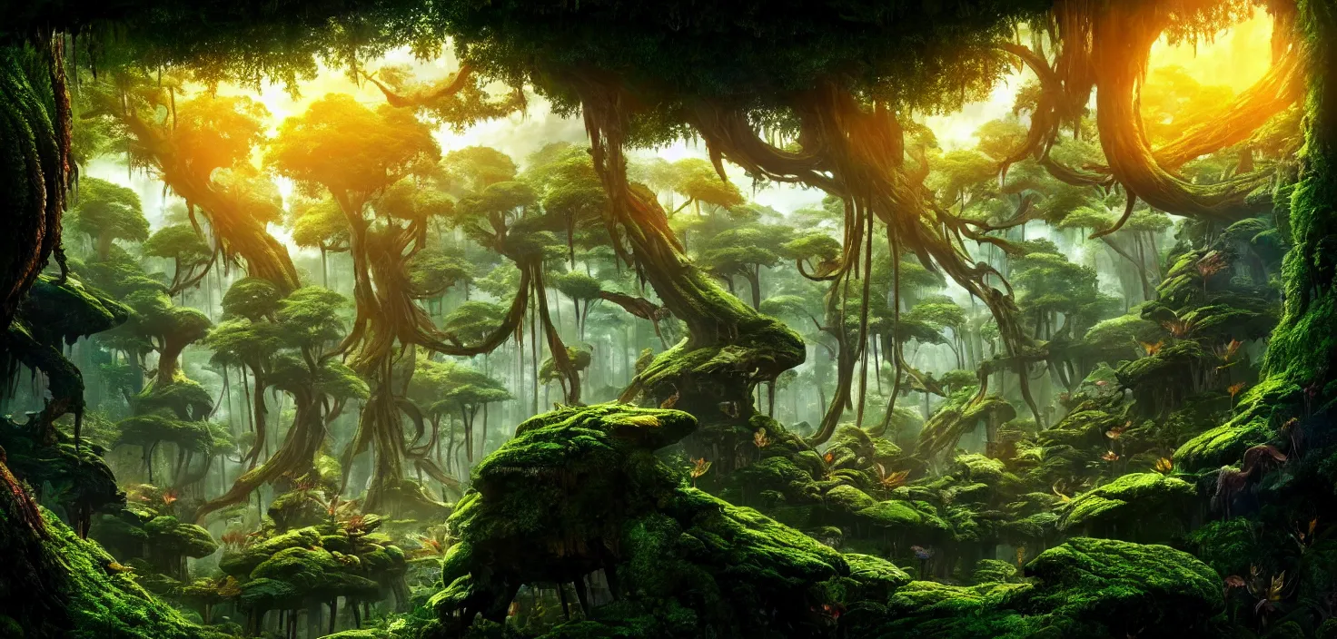 Prompt: forest world of avatar ， central symmetrical composition, incredible, vector art, octane render, fabulous, hyper detailed, random cinematic view, no noise, global illumination, warm lighting, volumetric, godrays, vivid, beautiful