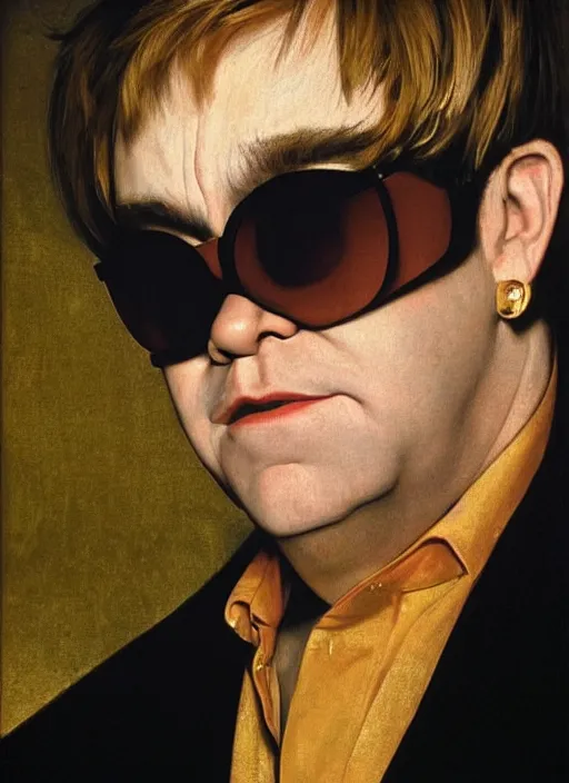 Image similar to portrait of elton john in a golden hour lighting, painted by the caravaggio, 8 k extremely realistic and highly detailed