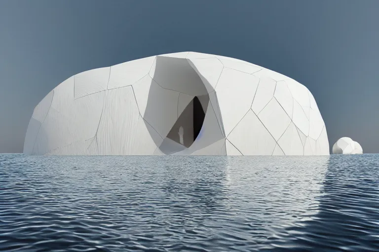 Prompt: the big skum white building formed by the intersection of many white egg shaped spherical spaces, on the calm lake, people's perspective, future, interior wood, marble, award winning, highly detailed 4 - k art, dusk, unreal engine highly rendered, global illumination, radial light, internal environment