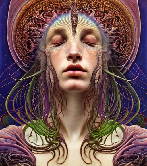 Image similar to detailed realistic beautiful young groovypunk queen of andromeda galaxy in full regal attire. face portrait. art nouveau, symbolist, visionary, baroque, giant fractal details. horizontal symmetry by zdzisław beksinski, iris van herpen, raymond swanland and alphonse mucha. highly detailed, hyper - real, beautiful