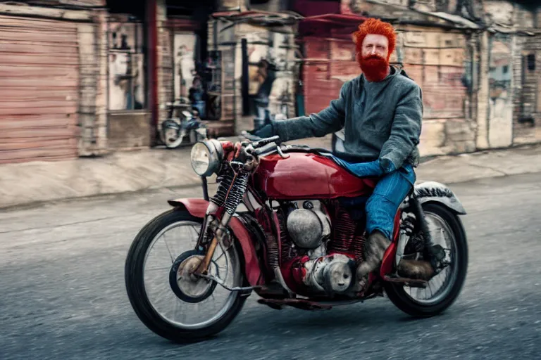 Image similar to portrait of redhead man on a motorcycle By Emmanuel Lubezki