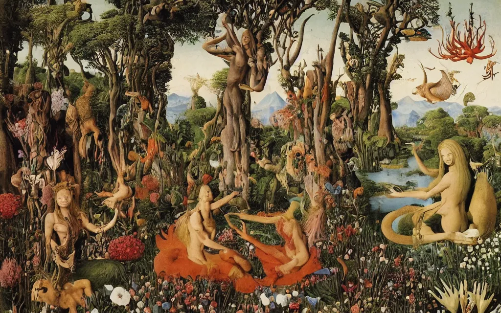 Image similar to a photograph of a meditating centaur shaman and a harpy mermaid feeding animals. surrounded by bulbous flowers, animals and a few trees. river delta with mountains and cliffs under a blue sky full of burning stars and birds. painted by jan van eyck, max ernst, ernst haeckel, ernst fuchs and artgerm. trending on artstation