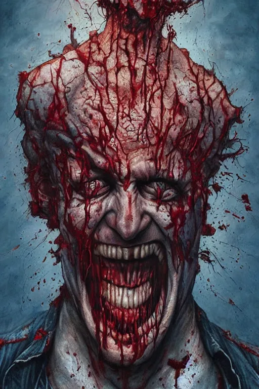 Prompt: a maniac covered in blood laughing manically. he is wearing a denim vest. in the style of of true detective. art by tomasz alen kopera and glenn fabry.