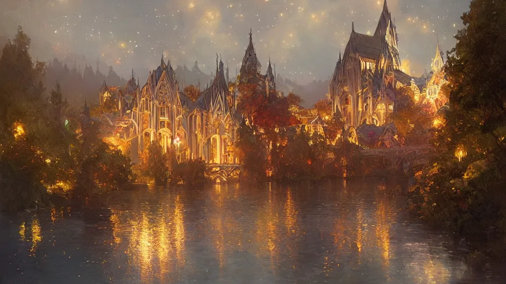 Image similar to a beautiful painting of rivendell, at night with a sky full of stars and fireworks, intricate, elegant, highly detailed, digital painting, artstation, concept art, by krenz cushart and artem demura and alphonse mucha