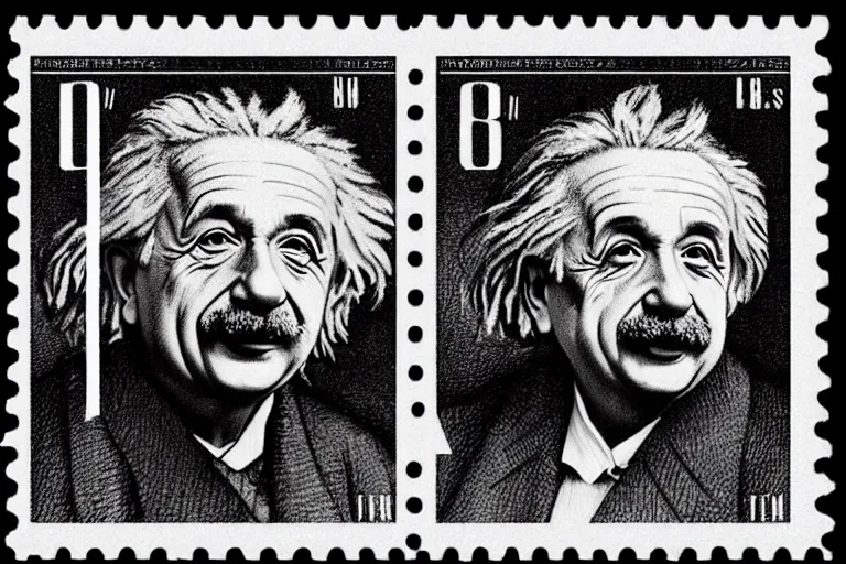 Image similar to engraved postage stamp of albert einstein with theory of relativity, detailed!!! color engraving in the style of a postage stamp, fine!!! lines