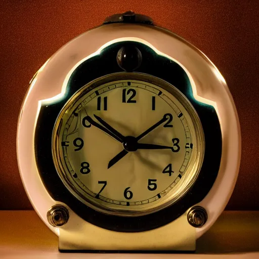 Prompt: a vintage radium alarm clock at night glowing, photo, 4K