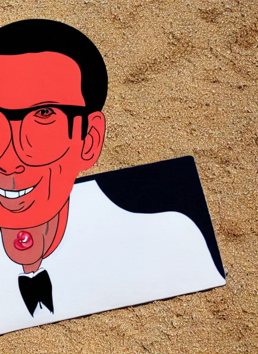 Prompt: jeff goldblum as polymorphic banana tomato raspberry on the sand of a beach